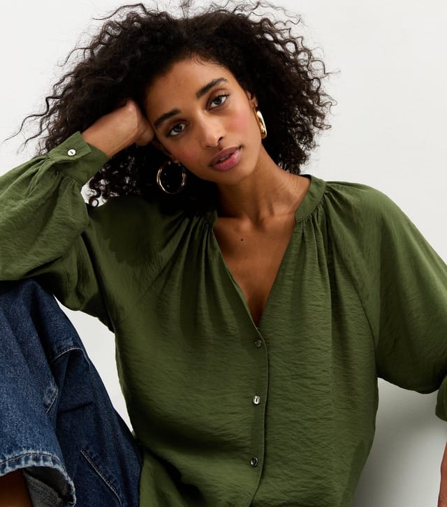 New Look Women's Dark Khaki Flowy Raglan Sleeve Blouse New Look - 2