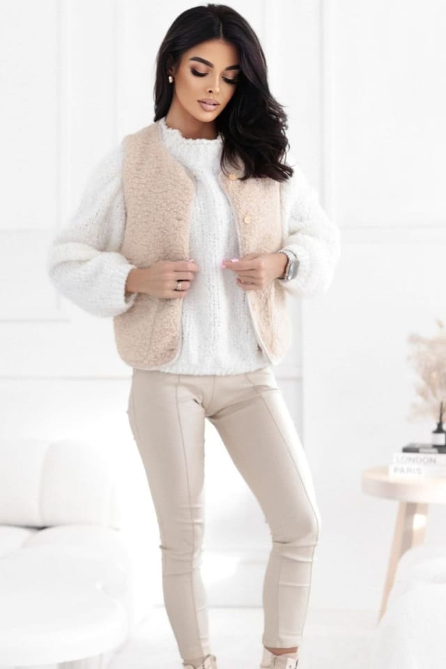 Love Lace Love Lace Women's Faux Fur Teddy Sleeveless Button Vest in Beige - 3