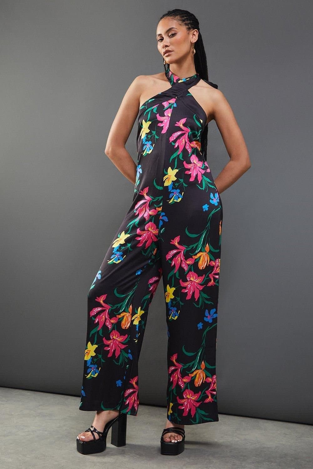 Warehouse Warehouse Women's Floral Satin Halterneck Jumpsuit in Black