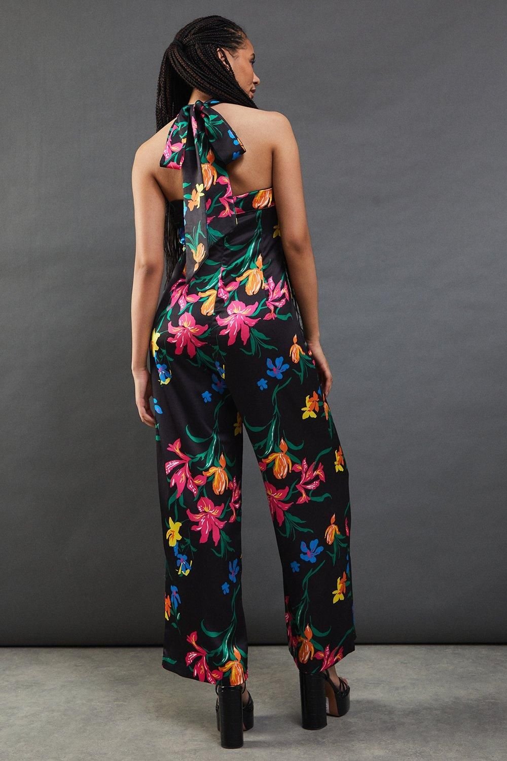 Warehouse Warehouse Women's Floral Satin Halterneck Jumpsuit in Black - 3