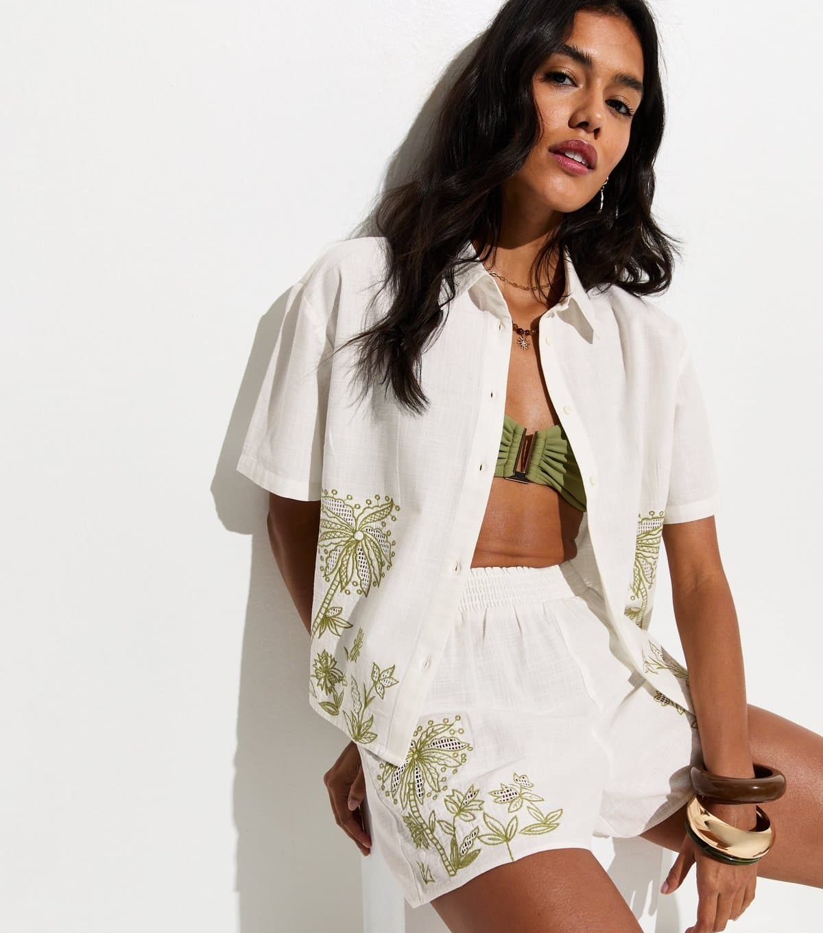 New Look Women's White Palm Embroidered Cotton Beach Shorts New Look