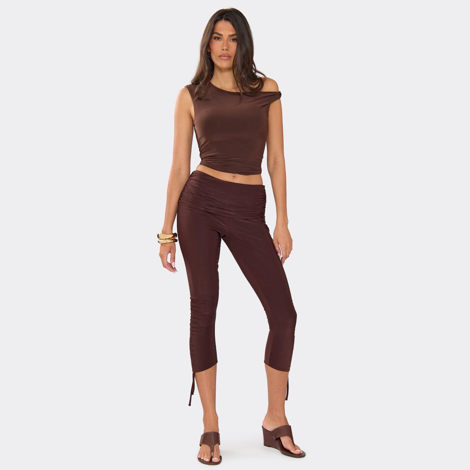 EGO Mid Rise Fold Over Waist Tie Side Capri Trousers In Chocolate Brown Slinky, Women's Size UK 6