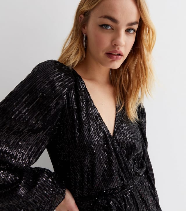 Gini London Women's Black Sequin V Neck Long Sleeve Belted Mini Wrap Dress Gini London New Look - 3