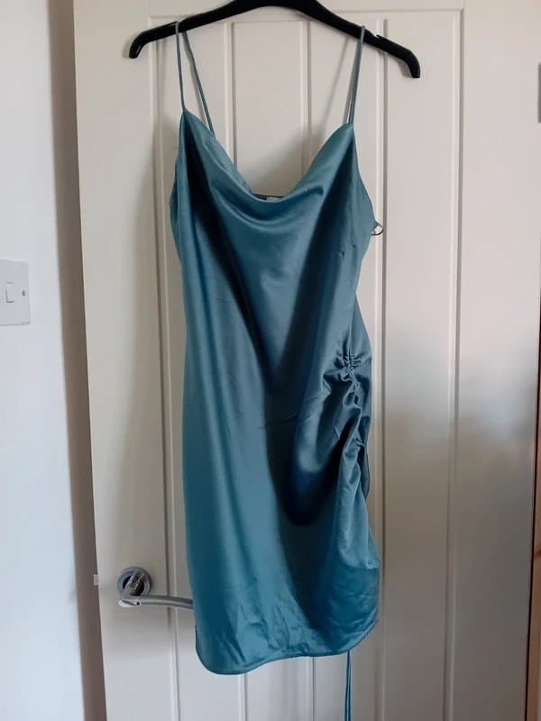 Topshop Absolutely beautiful blue satin feel Topshop size 8 dress  with ruched design