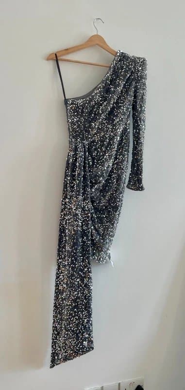 ASOS ASOS Luxe Silver Sequin One Shoulder Asymmetric Mini Dress UK 8 BNWT