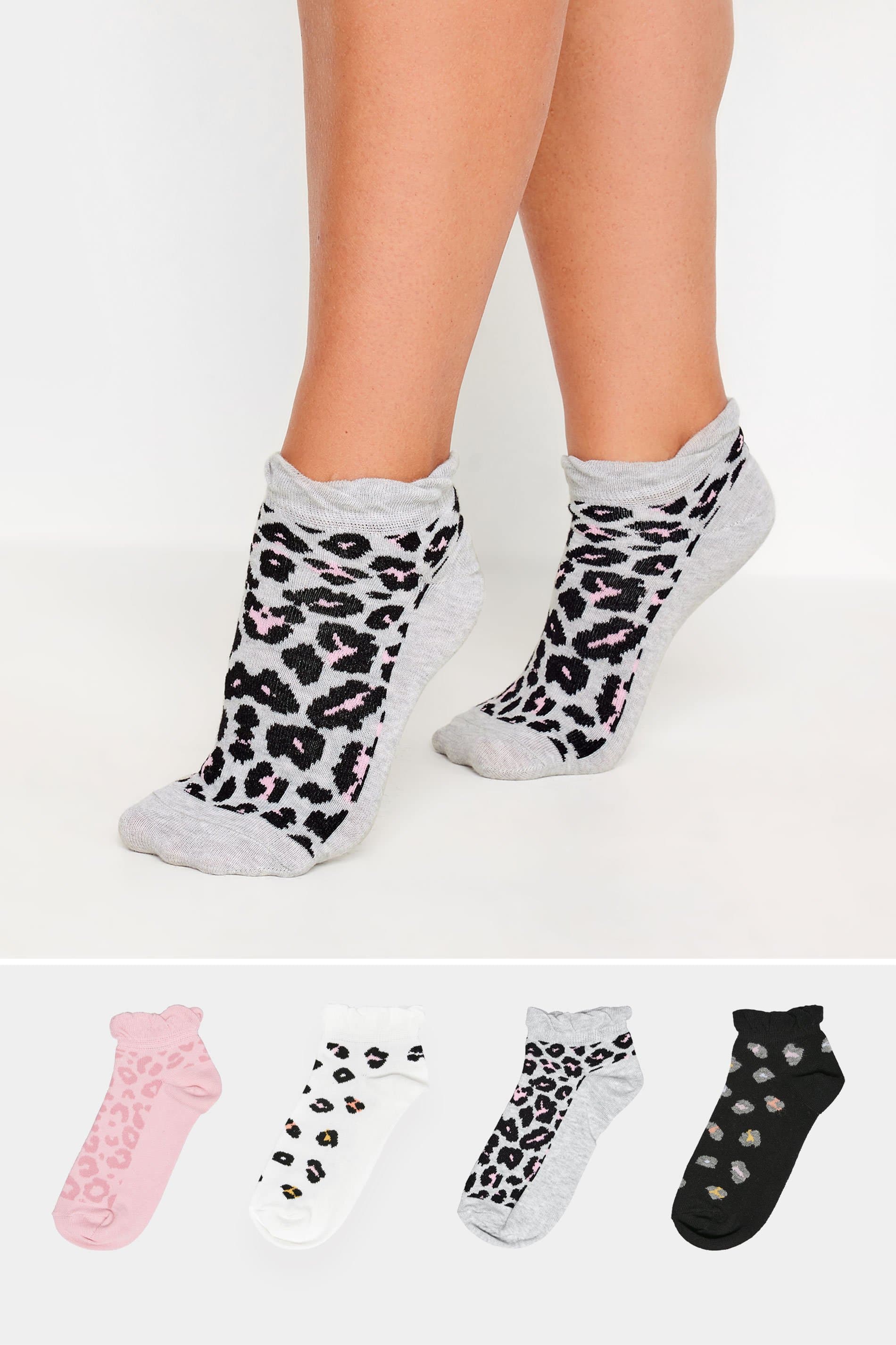 Yours 4 Pack Plus Size Pink Leopard Print Trainer Liner Socks