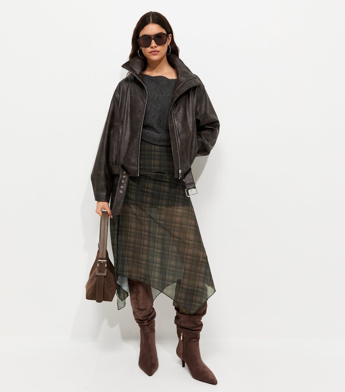 New Look Women's Brown Check Pattern Mesh Handkerchief Hem Midi Skirt New Look