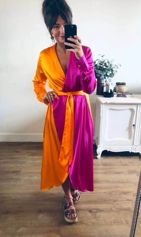 Never Fully Dressed Never fully Dressed pink orange satin feel wrap midi dress size 10