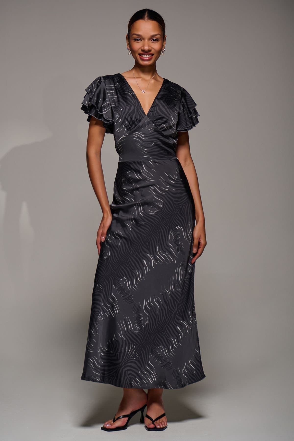 Jolie Moi Jolie Moi Women's Ruffle Sleeve Print Satin Maxi Dress in Grey