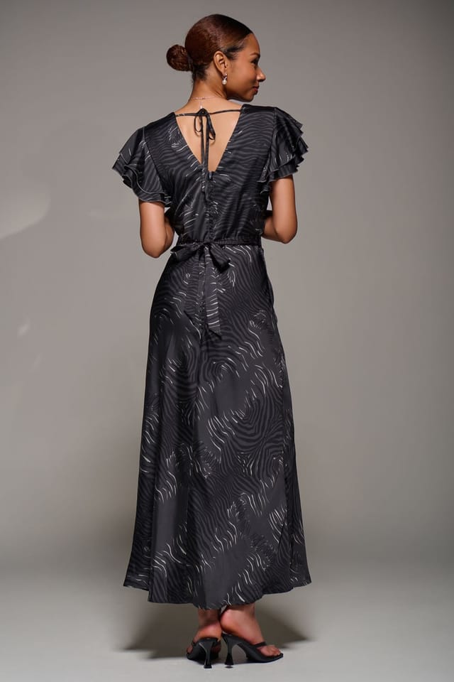 Jolie Moi Jolie Moi Women's Ruffle Sleeve Print Satin Maxi Dress in Grey - 2
