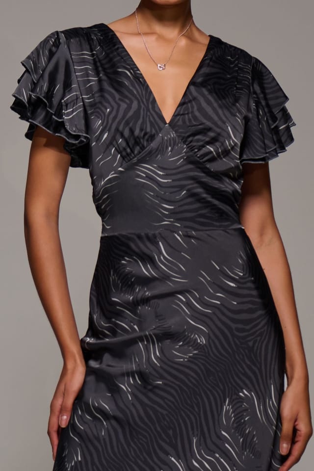 Jolie Moi Jolie Moi Women's Ruffle Sleeve Print Satin Maxi Dress in Grey - 3