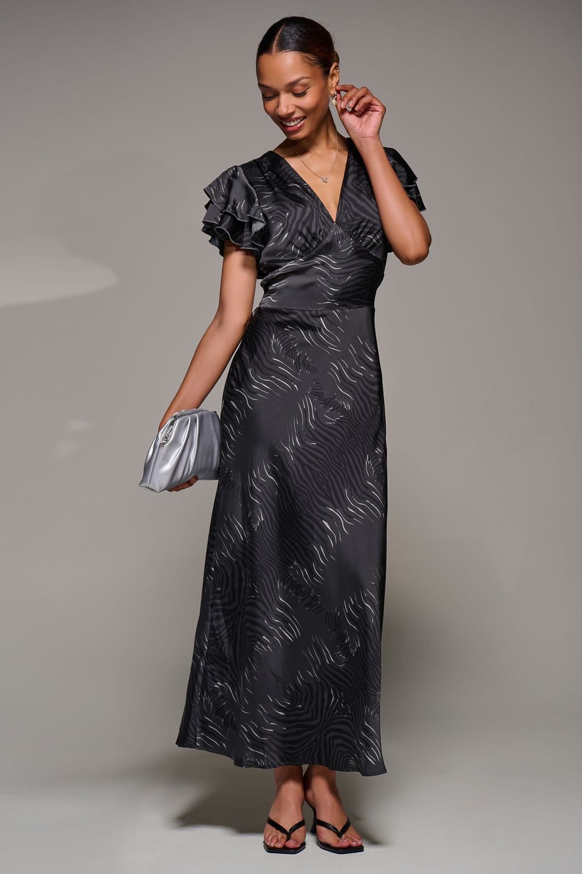 Jolie Moi Jolie Moi Women's Ruffle Sleeve Print Satin Maxi Dress in Grey - 4
