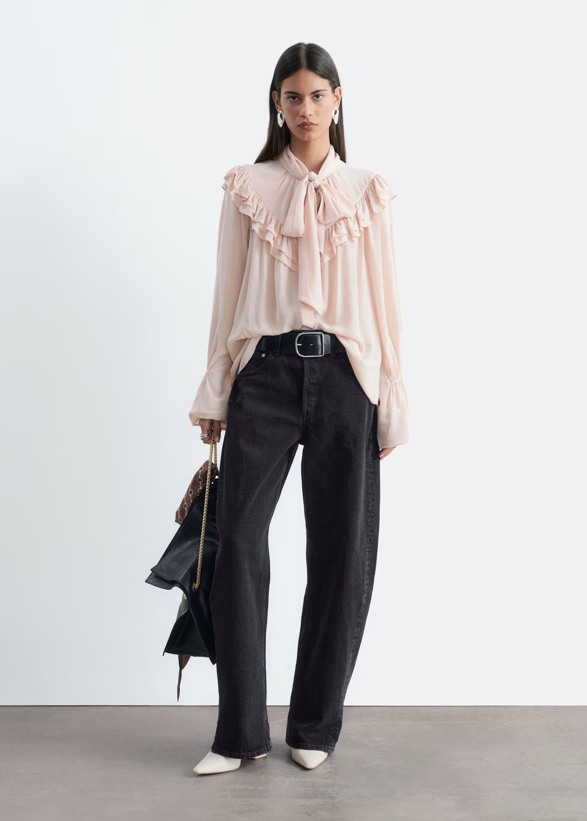 ASOS & Other Stories ruffle sheer blouse with collar and scarf tie in pale pink