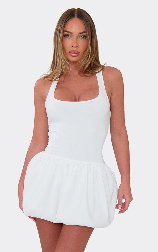 EGO Scoop Neck Racer Back Puffball Mini Dress In White, Women's Size UK 6 - 2