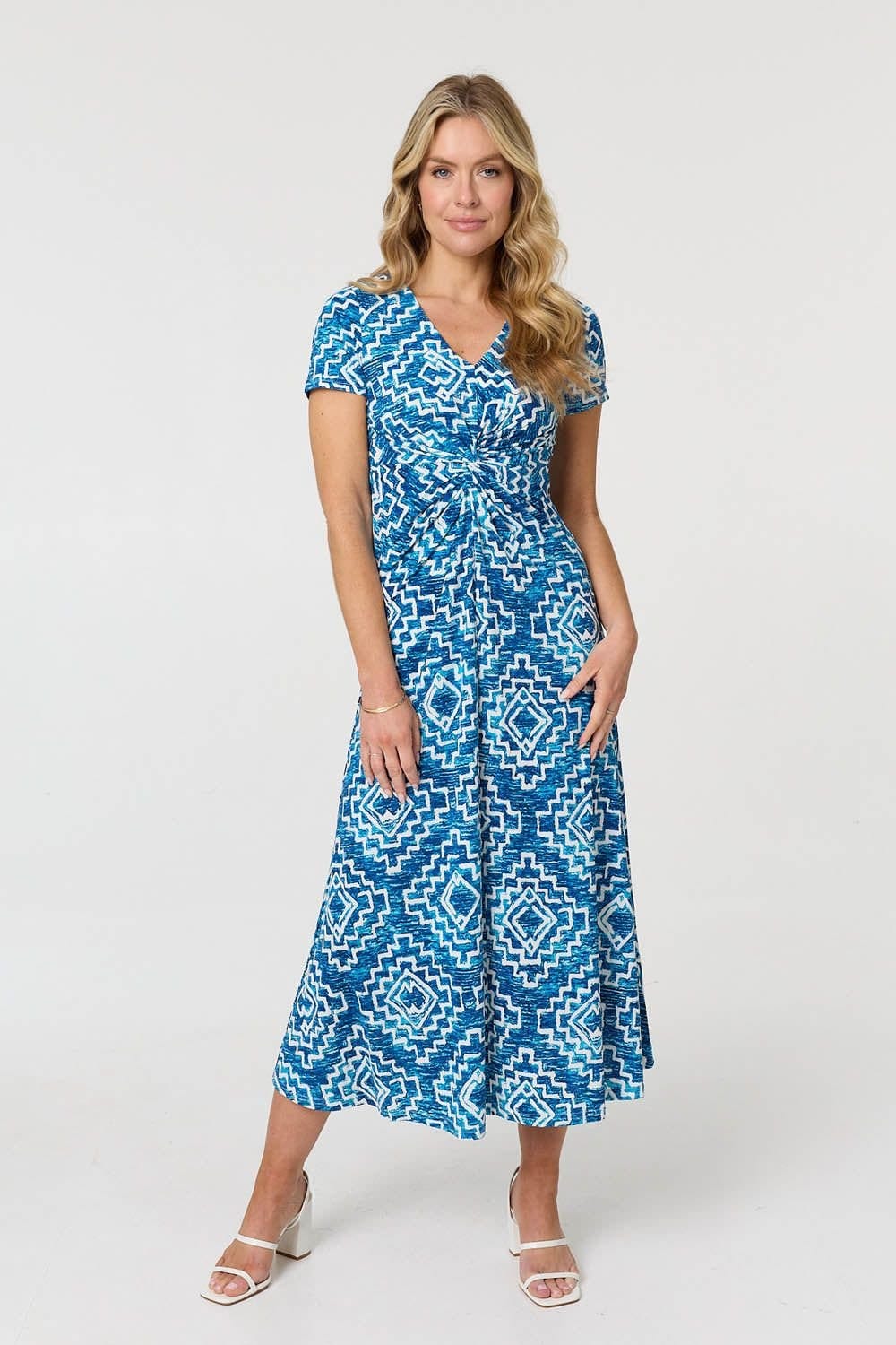 Izabel London Blue Geo Print Twist Front Midi Dress