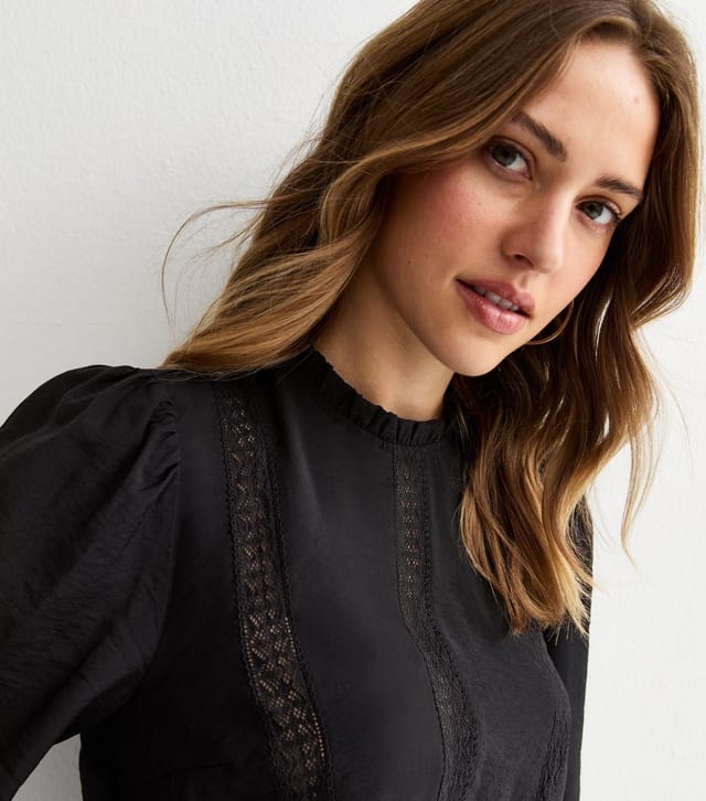 New Look Women's Black Lace Insert Frill Neck Blouse New Look - 3