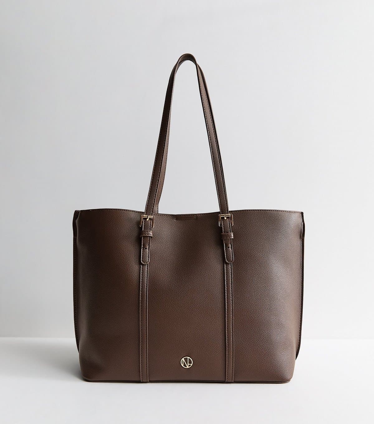 New Look Dark Brown Faux Leather Double Buckle Tote Bag Vegan New Look