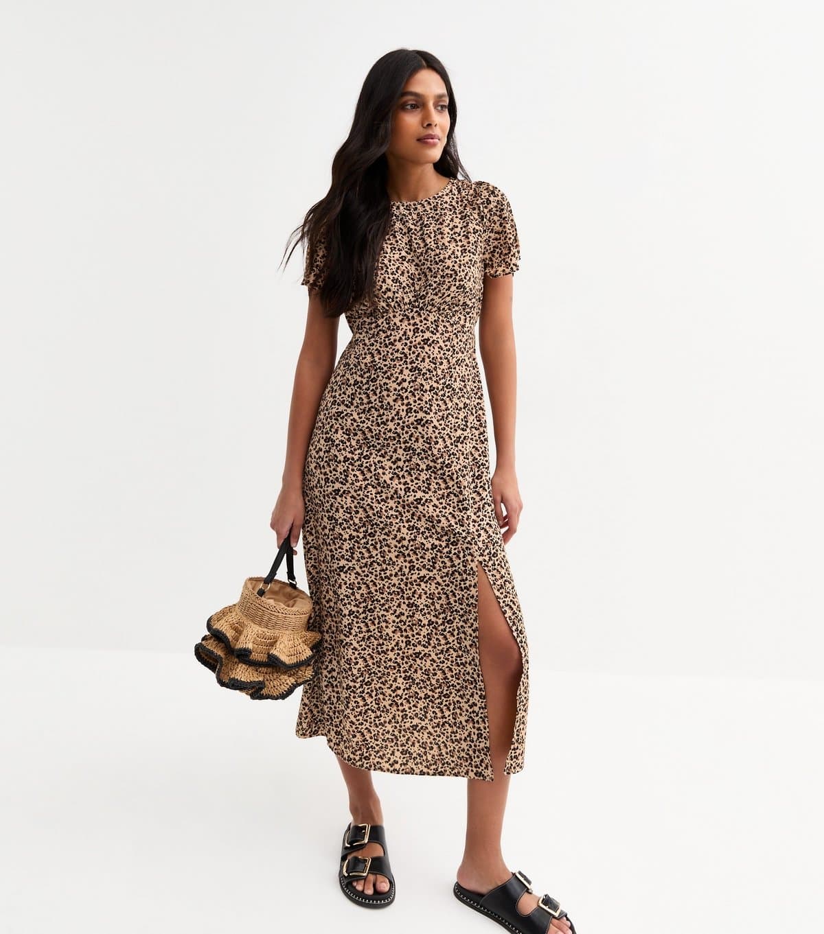 New Look Women's Brown Leopard Print Flutter Sleeve Midi Dress New Look