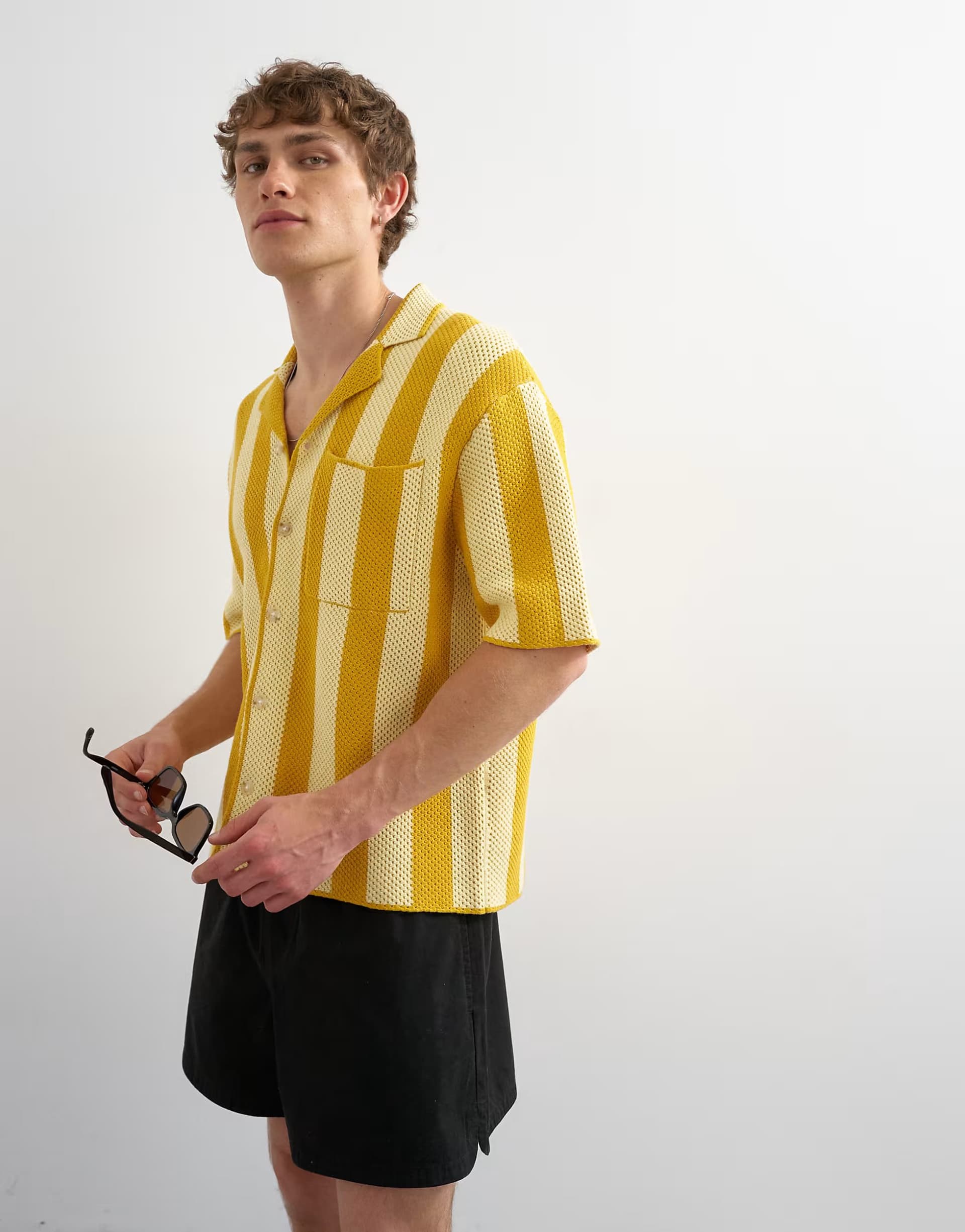 ASOS Topman regular fit knitted texture stripe shirt in yellow