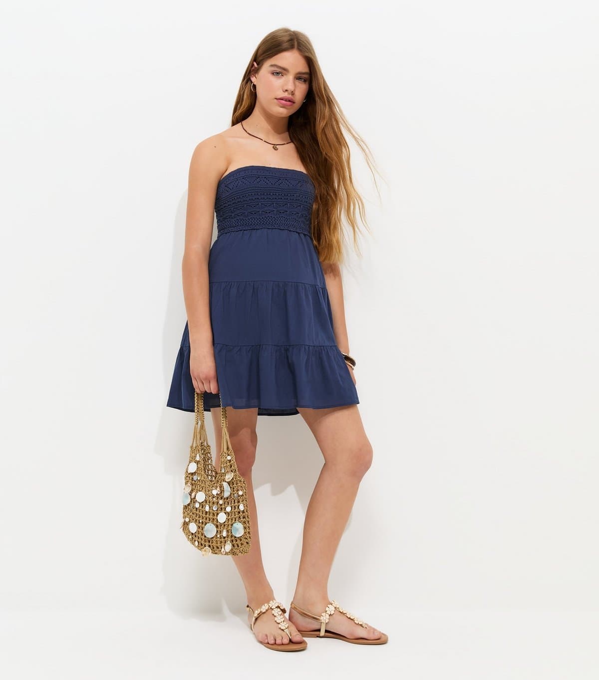 New Look Girls' Navy Cotton Strapless Crochet Tiered Mini Dress New Look