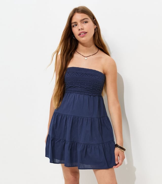 New Look Girls' Navy Cotton Strapless Crochet Tiered Mini Dress New Look - 3