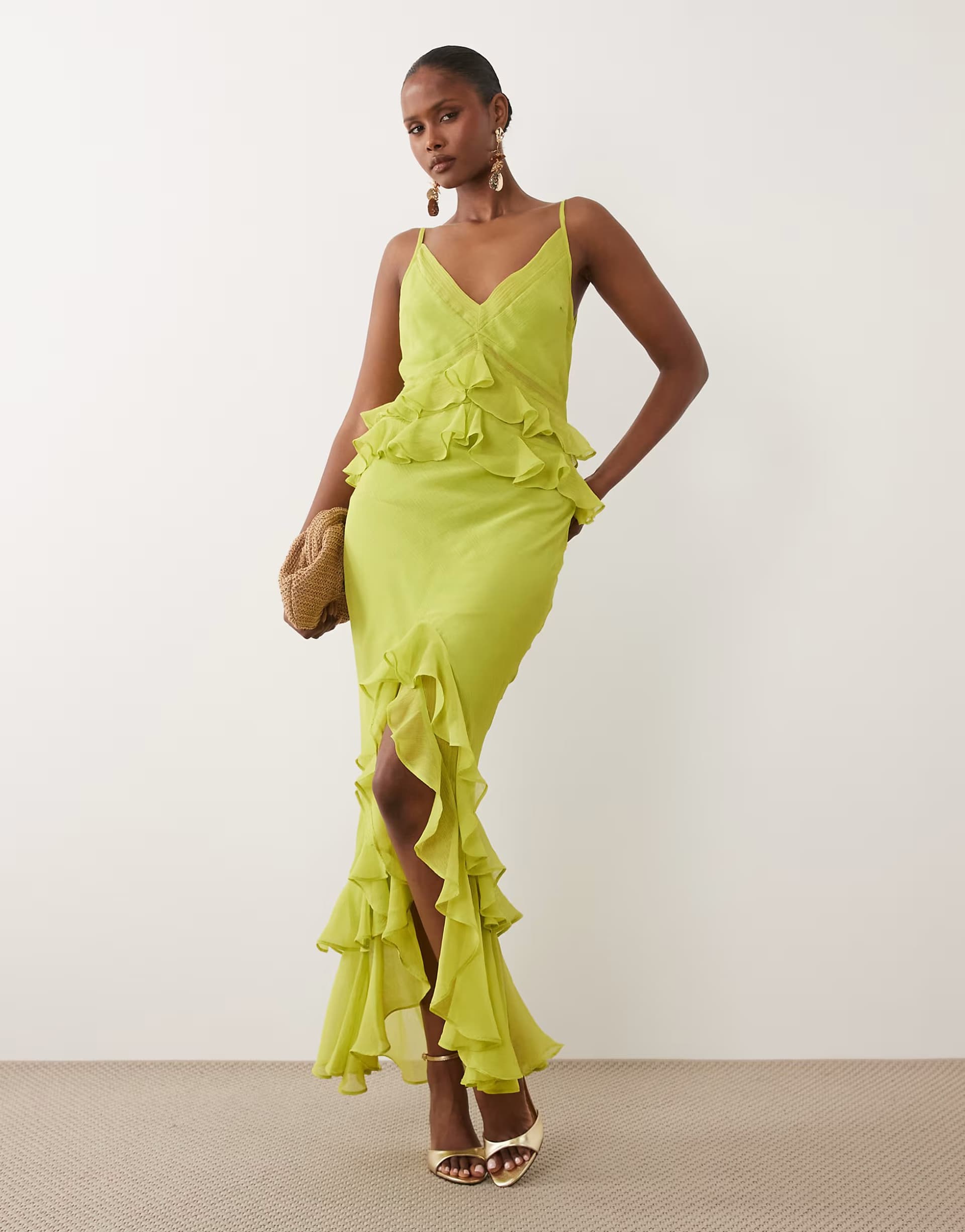 ASOS ASOS DESIGN ruffle column cami maxi dress in lime green