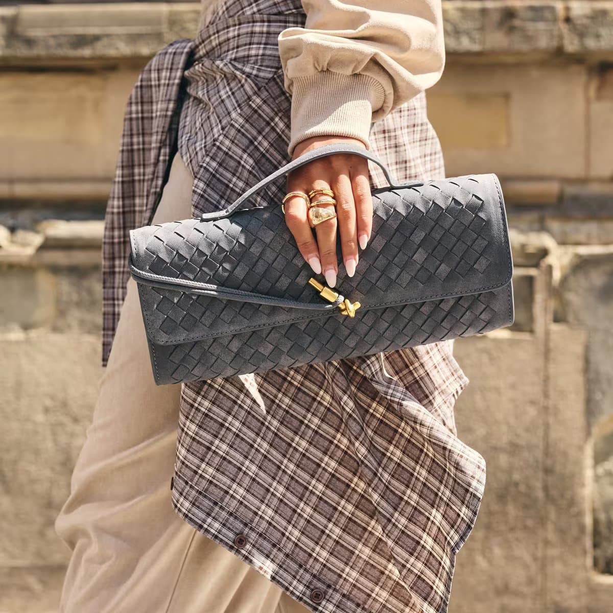EGO Cosima Woven Detail Rectangle Shaped Clutch Bag In Grey Faux Suede, Women's Size UK 0