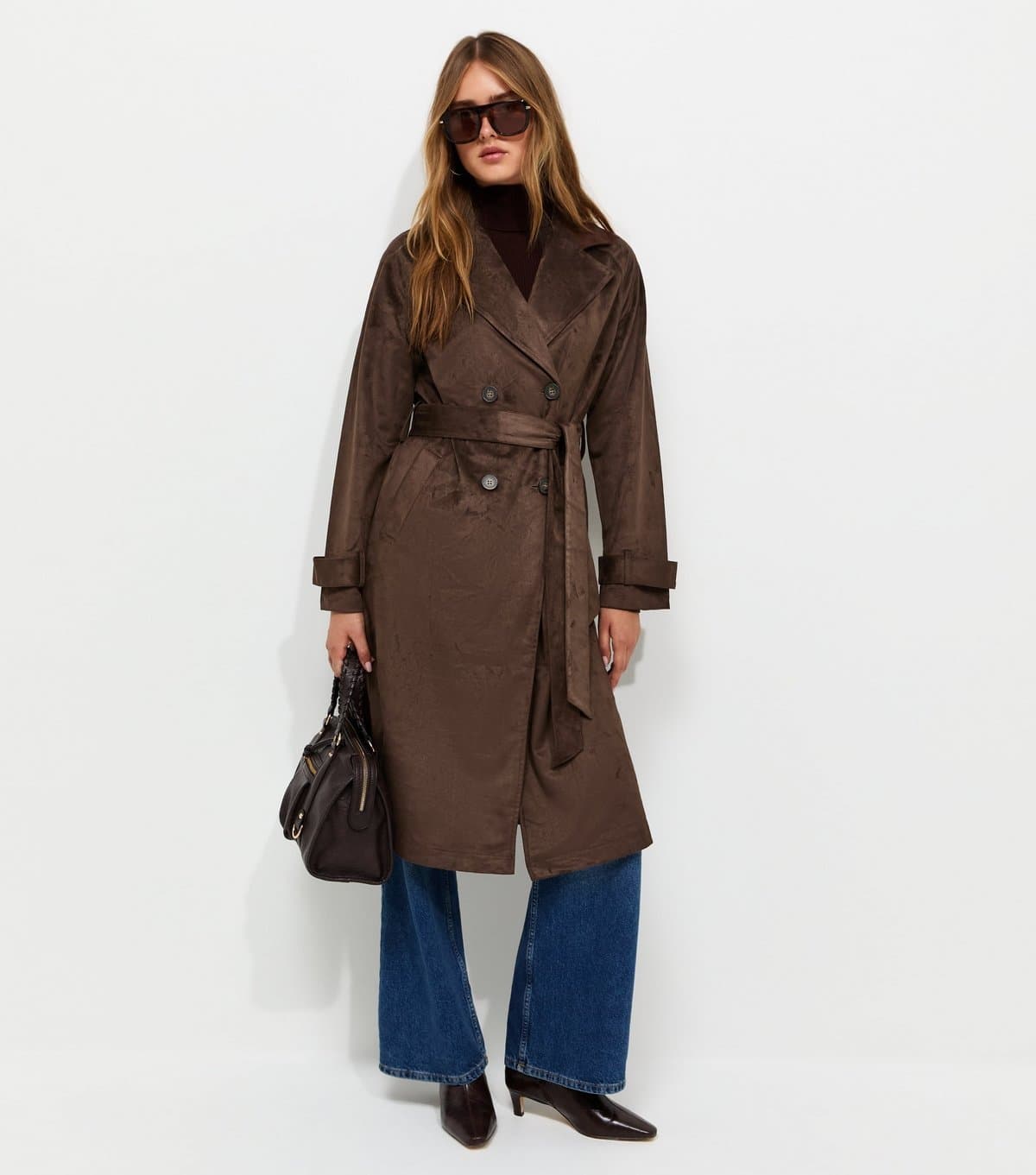 New Look Women's Dark Brown Faux Suede Double Breasted Trench Coat New Look
