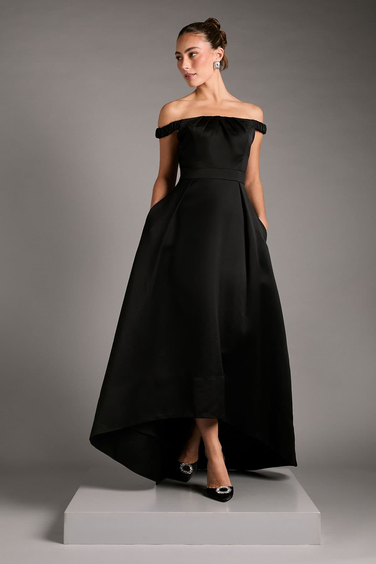 Coast Coast Women's Bardot Fit & Flare Hi Low Hem Maxi Dress in Black