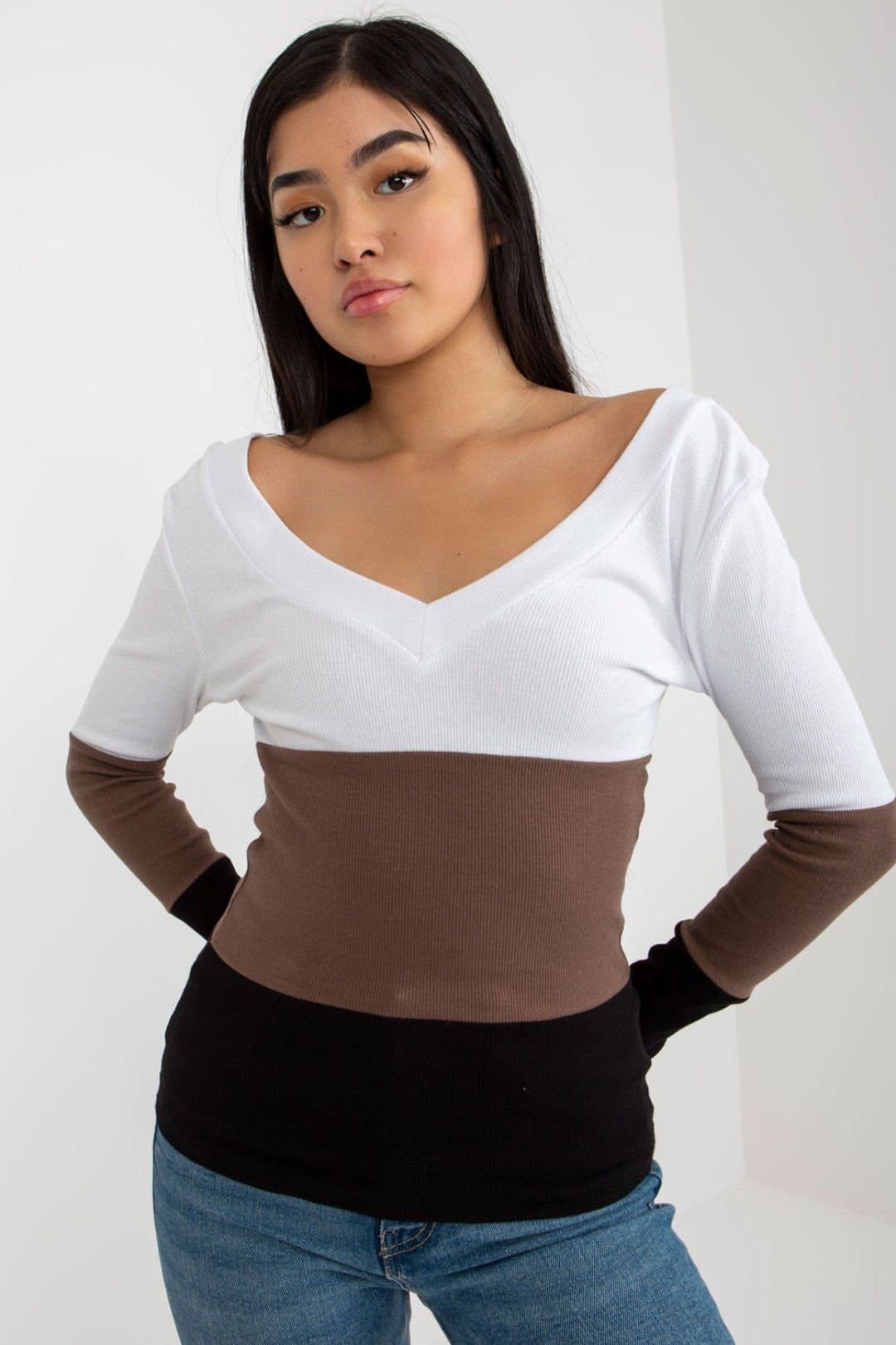 Love Lace Love Lace Women's Ribbed Heart Neck Long Sleeve Blouse in Black