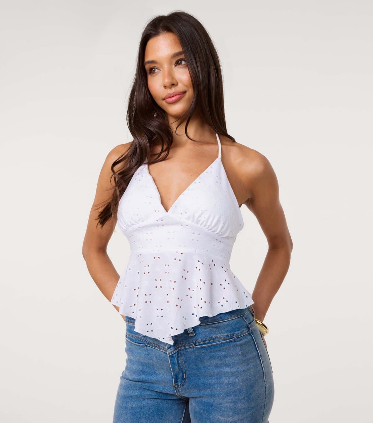 Pink Vanilla Women's Off White Broiderie Anglaise Halterneck Top Pink Vanilla New Look