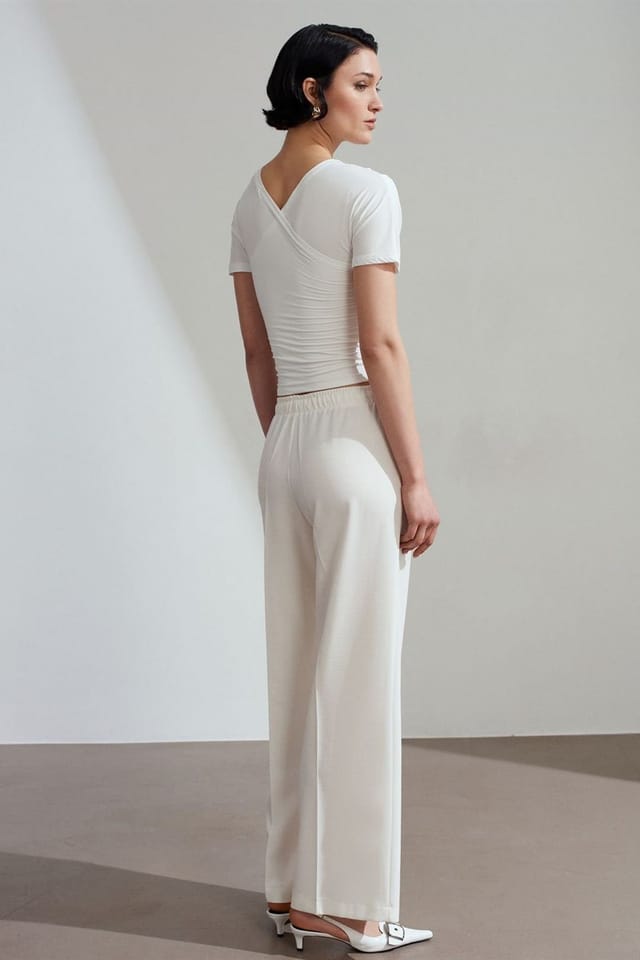Dilvin Dilvin Women's Wide Leg Pull-On Trousers in White - 2