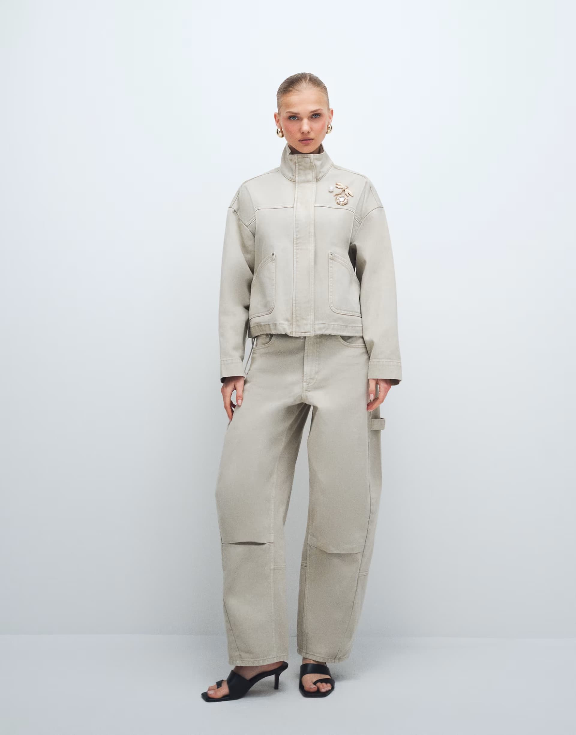 ASOS ASOS DESIGN aviator barrel jean & denim funnel jacket co-ord in neutral