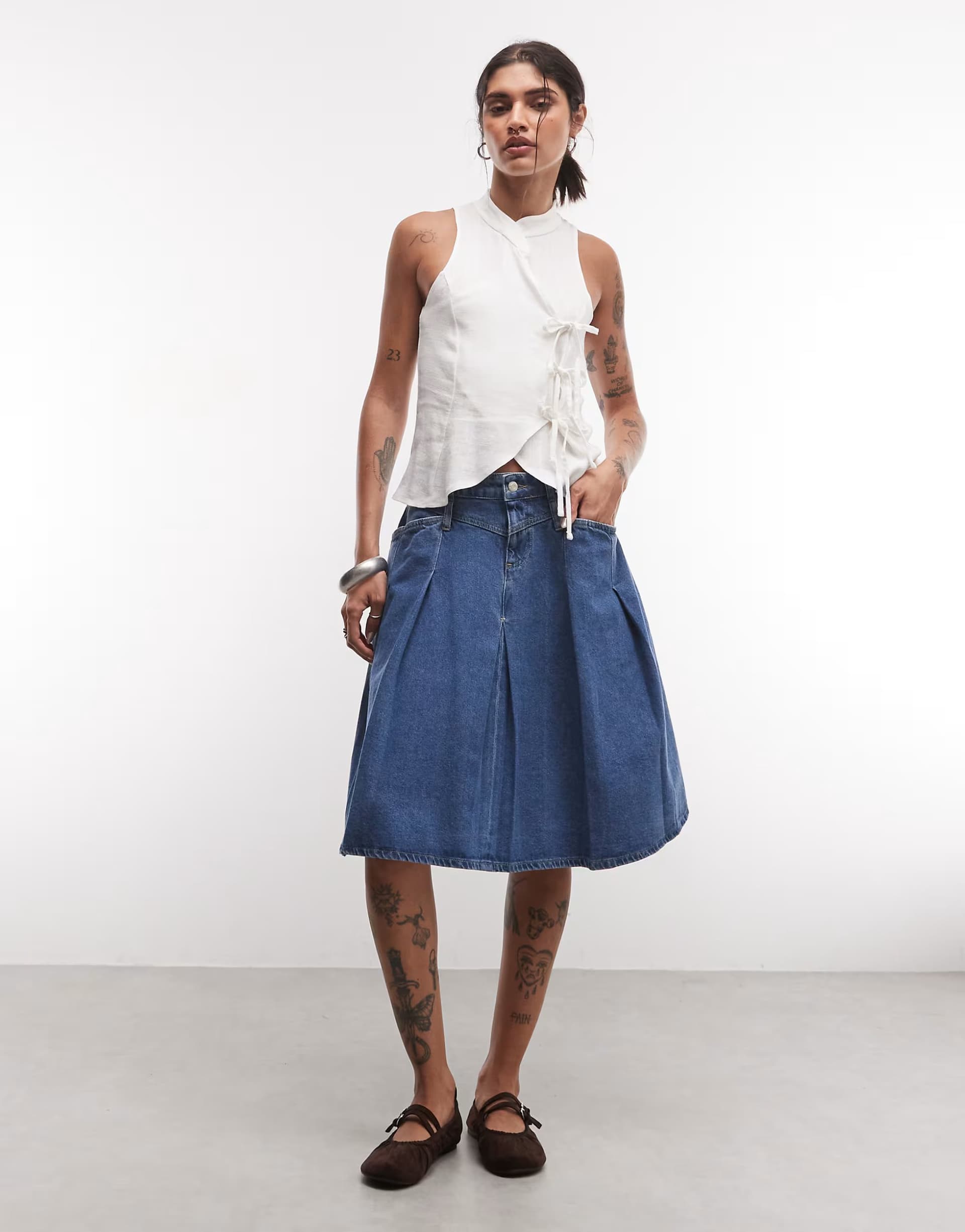 ASOS Reclaimed Vintage denim pleated midi skirt in indigo