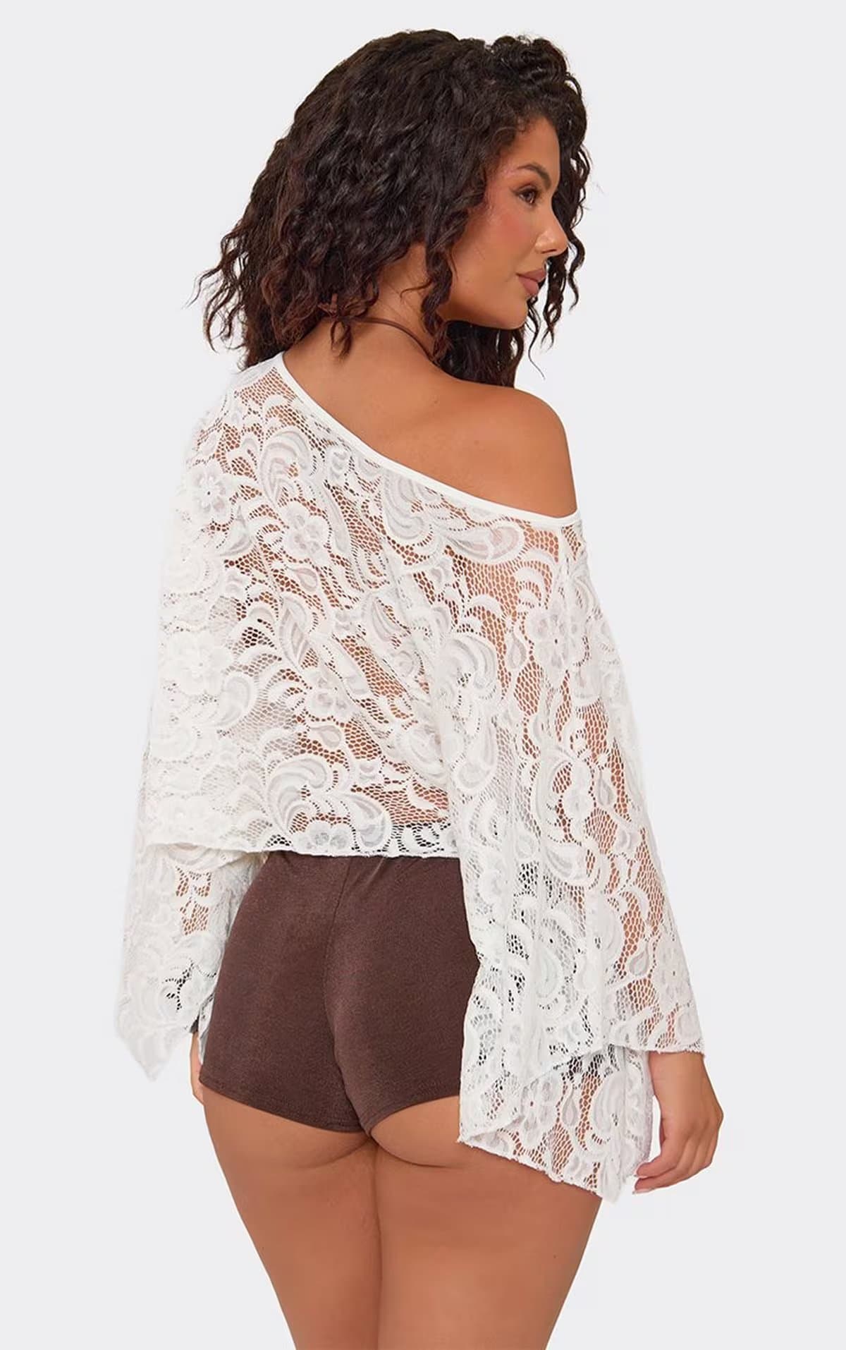 EGO EGO White Lace Off-The-Shoulder Cape Top, Women's Size UK 6