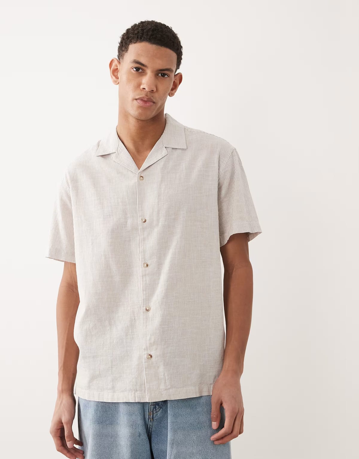 ASOS Jack & Jones short sleeve linen blend stripe shirt in beige - 1
