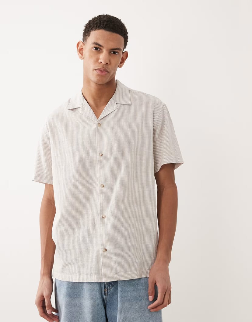 ASOS Jack & Jones short sleeve linen blend stripe shirt in beige - 1