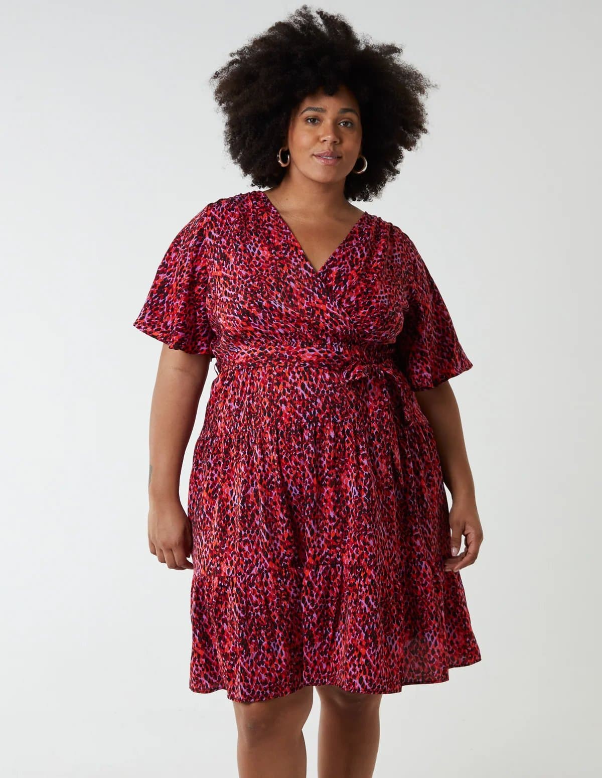 Blue Vanilla Curve Wrap Front Tier Hem Angel Sleeve Dress
