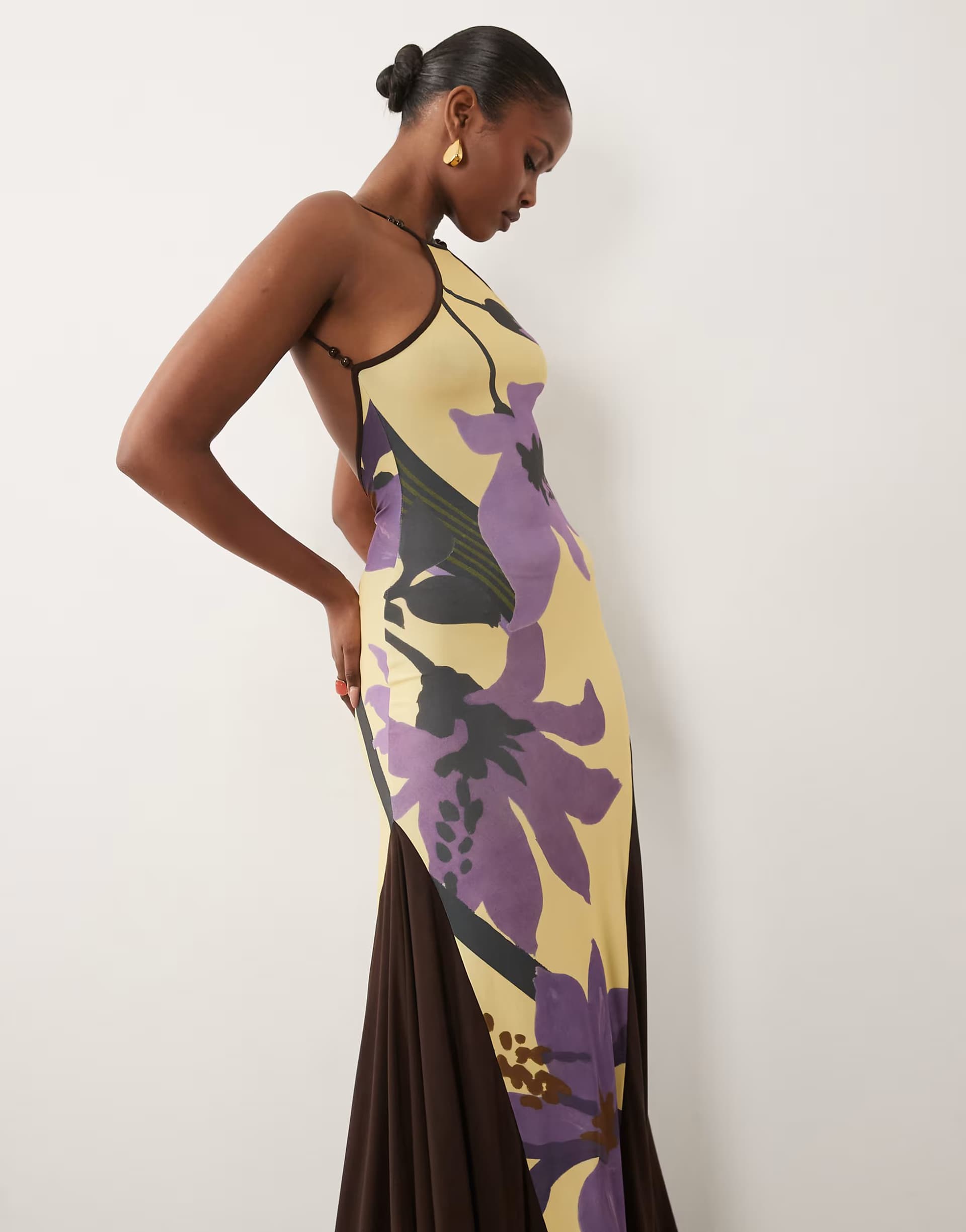 ASOS ASOS DESIGN beaded halter neck maxi dress with asymmetric hem in contrast bloom floral