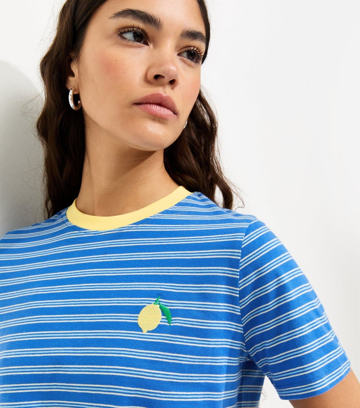 New Look Women's Blue Striped Lemon Embroidered T-Shirt New Look