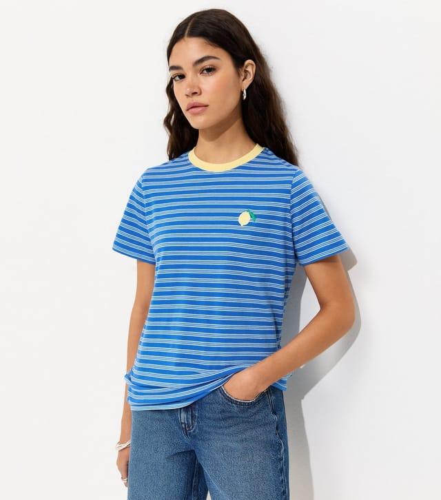 New Look Women's Blue Striped Lemon Embroidered T-Shirt New Look - 2