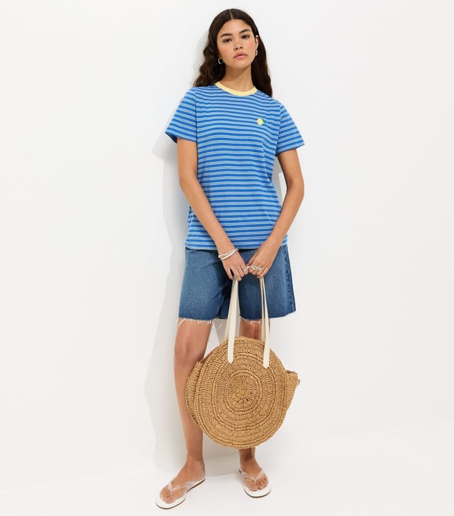 New Look Women's Blue Striped Lemon Embroidered T-Shirt New Look - 3