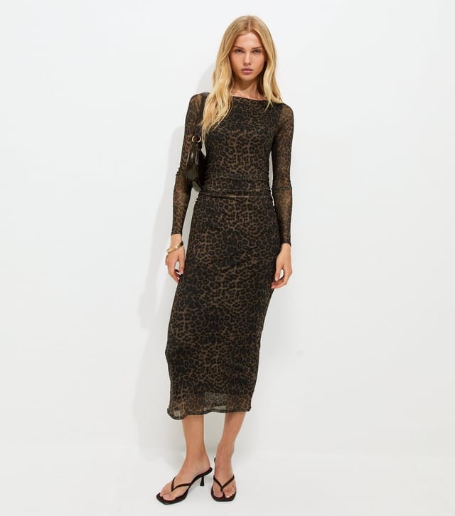 New Look Women's Brown Leopard Print Ruched Side Mesh Midi Dress New Look - 3