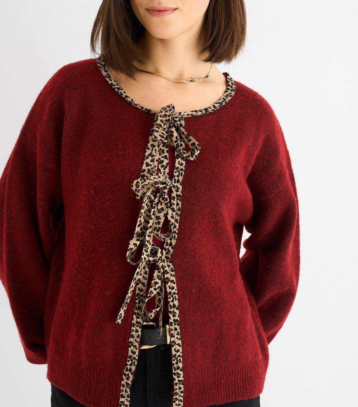 Gini London Women's Red Leopard Print Trim Tie Front Cardigan Gini London New Look - 2