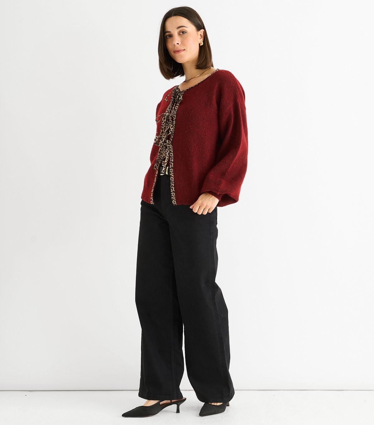 Gini London Women's Red Leopard Print Trim Tie Front Cardigan Gini London New Look - 3