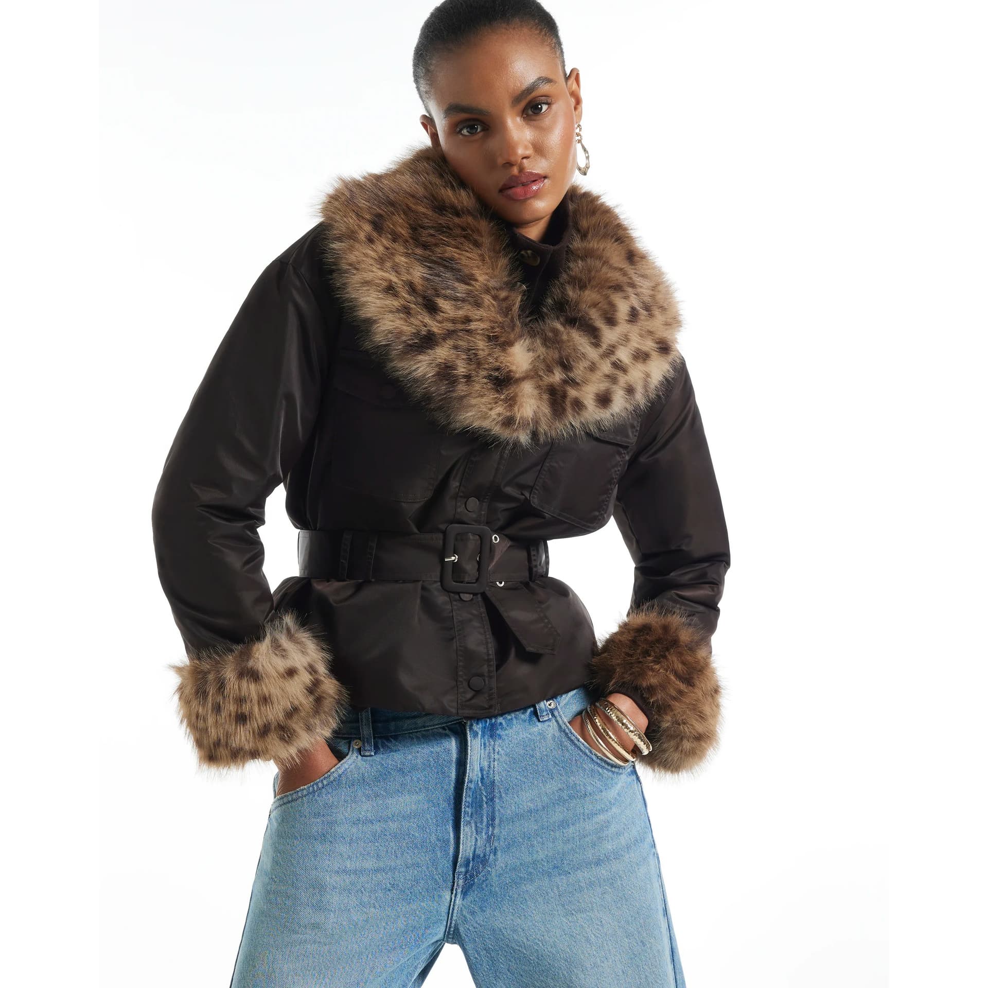 River Island River Island Womens Brown Faux Fur Collar Belted Jacket
