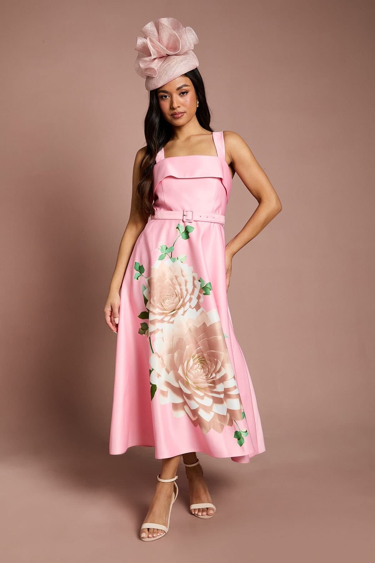 Coast Coast Women's Petite Lisa Tan Floral Placement Print Belted Midi Dress in Pink