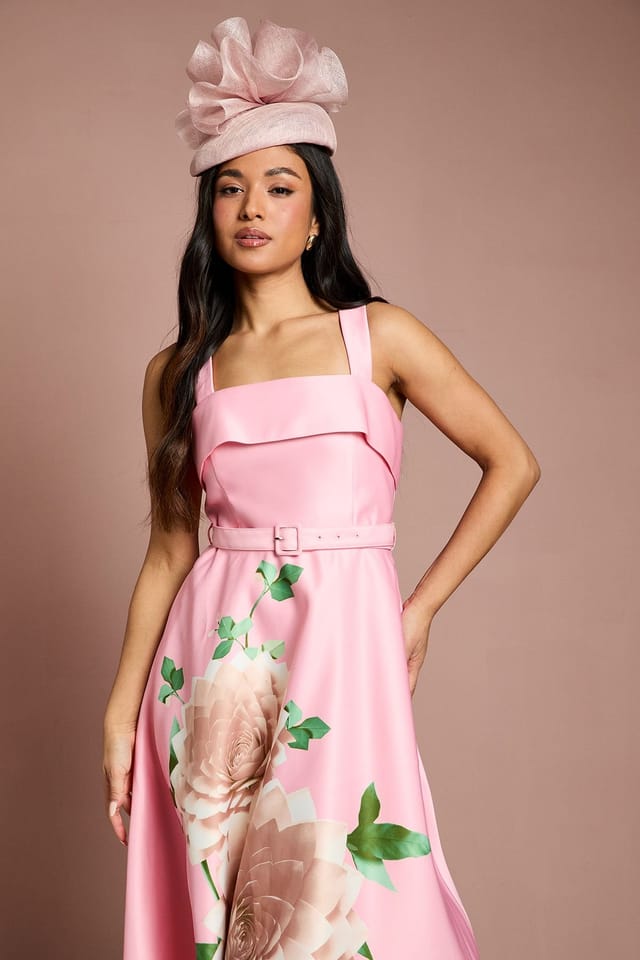 Coast Coast Women's Petite Lisa Tan Floral Placement Print Belted Midi Dress in Pink - 2