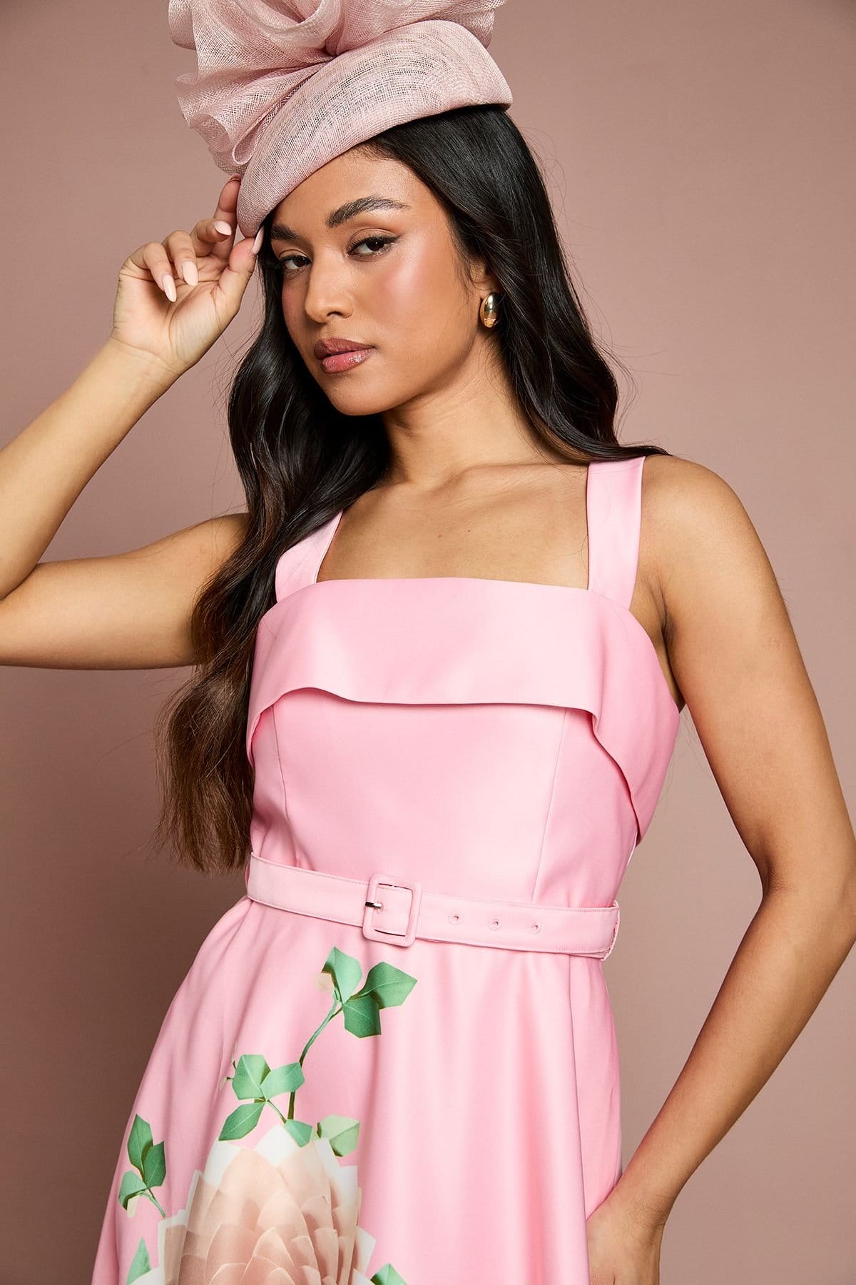 Coast Coast Women's Petite Lisa Tan Floral Placement Print Belted Midi Dress in Pink - 4