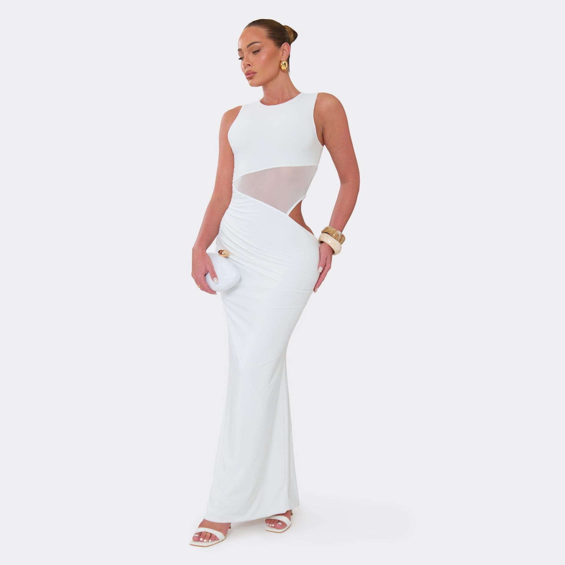 EGO Sleeveless Contrast Mesh Panel Cut Out Maxi Dress In White, Women's Size UK 6
